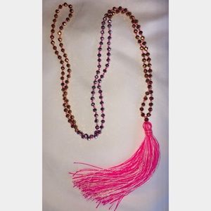 Hot Pink Beaded Tassel Long Necklace